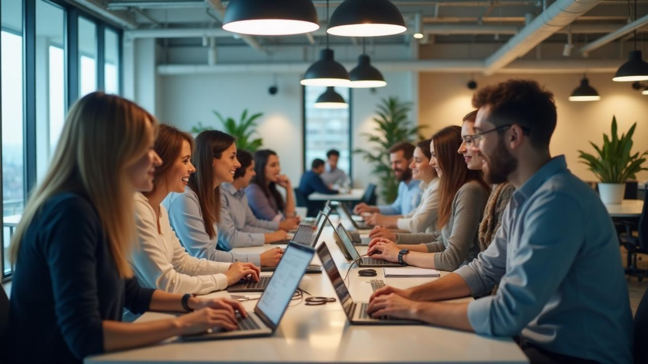 Professional workspace with diverse team collaborating